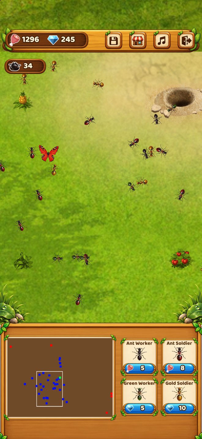 Actual Ant Life gameplay: the colony in the Backyard with fruit trees and a butterfly