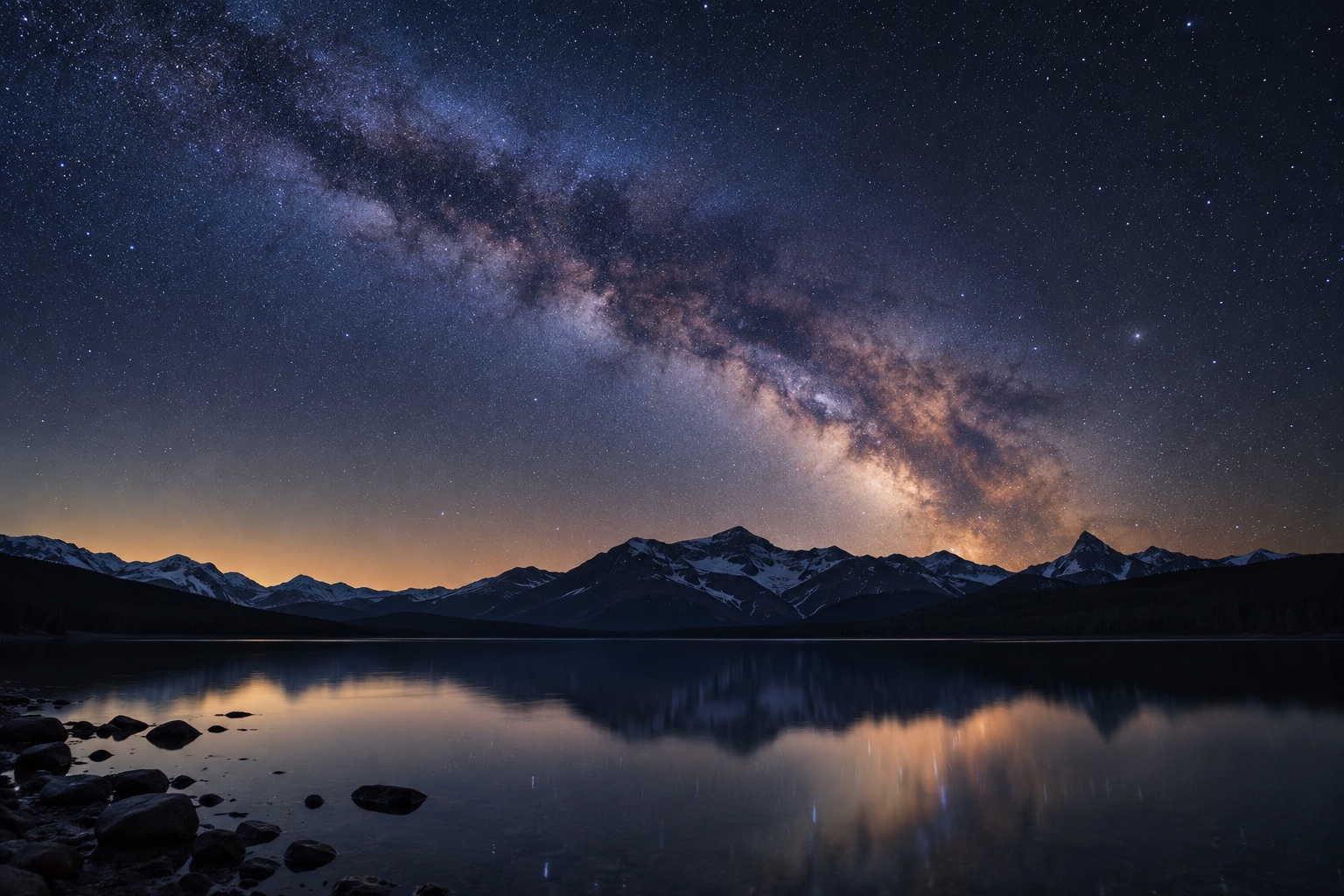 AI sample: the Milky Way above a quiet mountain lake