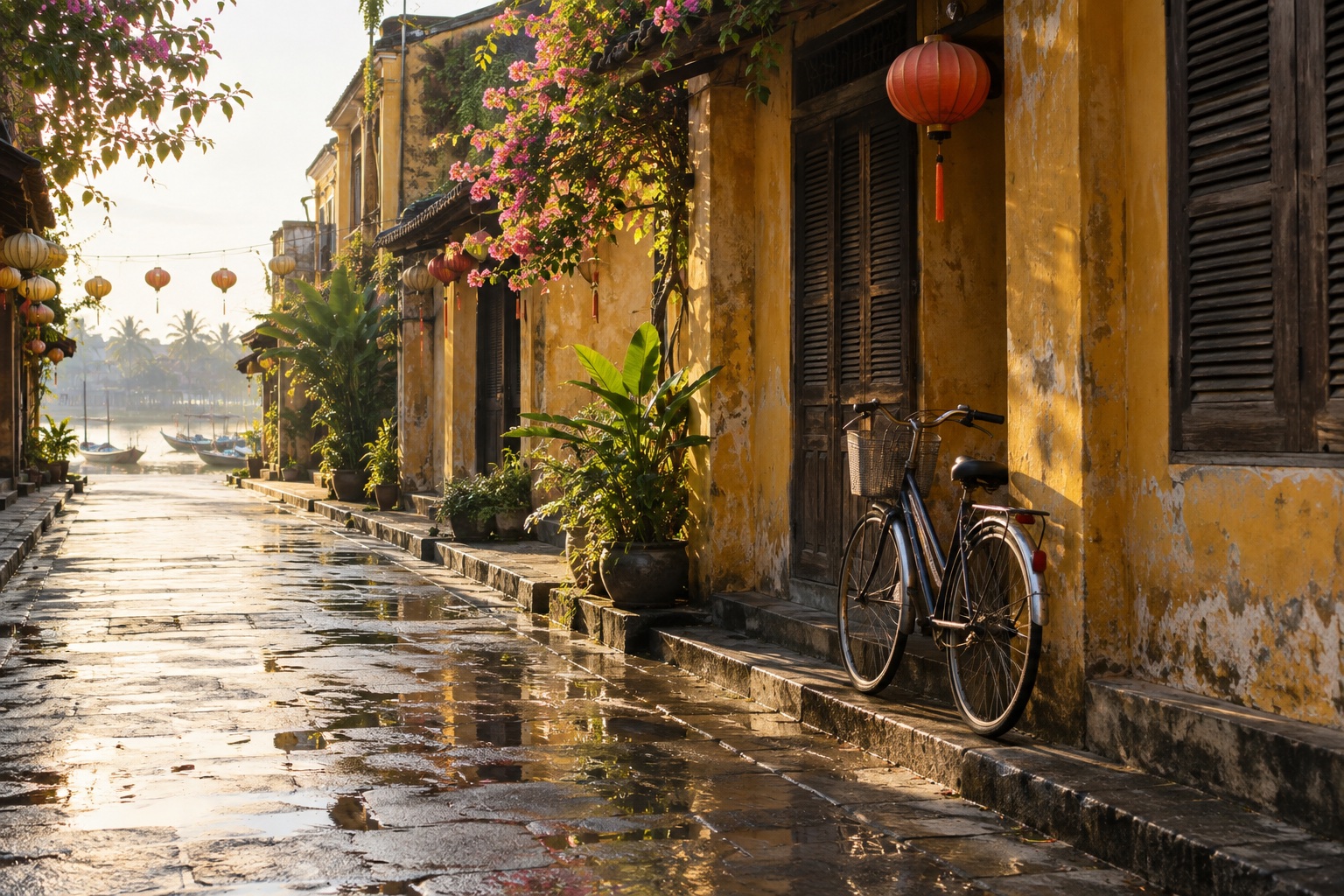 AI sample: morning sunlight on an ochre old-town street and bicycle